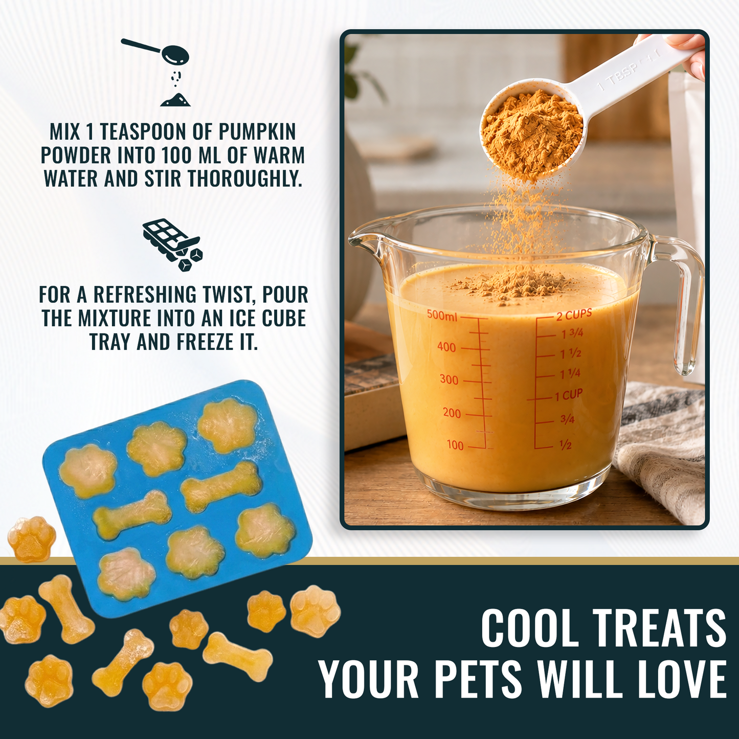 Instructions for making pumpkin powder pet treats with a measuring cup and ice cube tray.