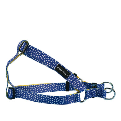 Blue polka dot step-in dog harness on a white background (size large)