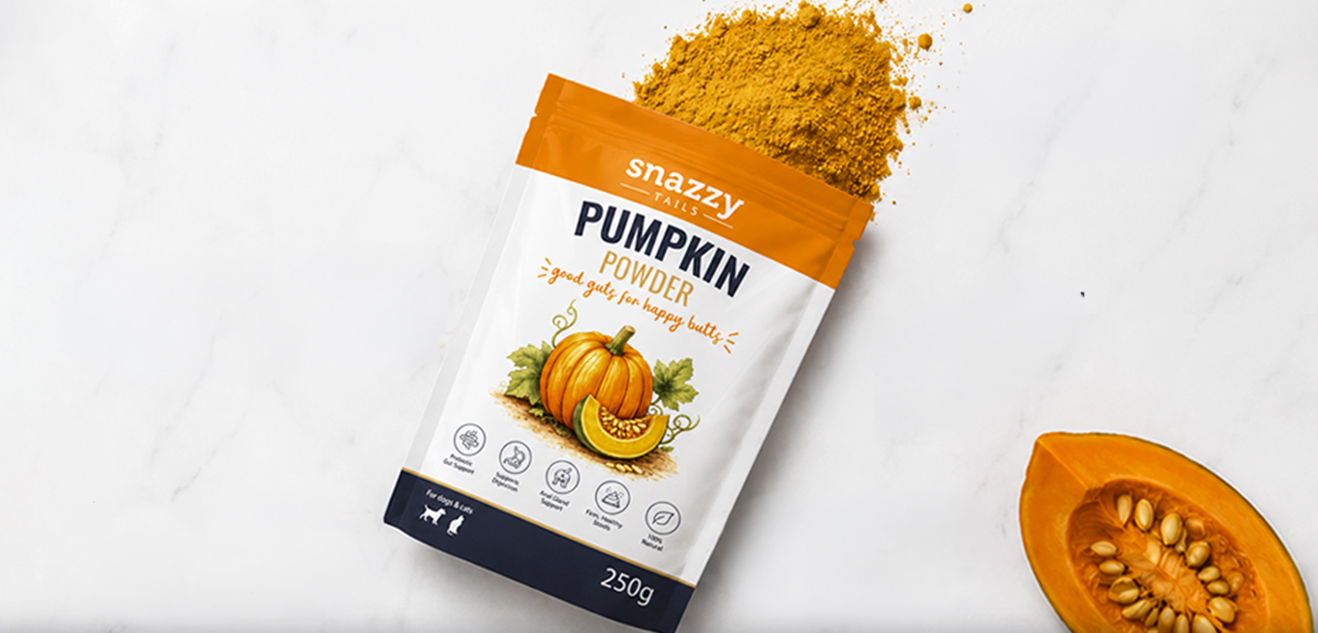 A pumpkin powder supplement used to help keep dogs and cats guts happy and healthy
