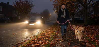 A Labrador in a harness and reflective lead walking beside its owner on a wet pavement at dusk, streetlights glowing and the lead's stitching catching a car's headlights.