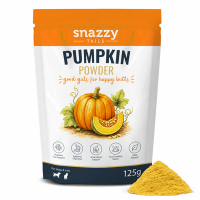 A stand-up pouch of Snazzy Tails Pumpkin Powder for dogs and cats, shown on a white background with a small pile of yellow powder in front. The pouch is white with an orange top band, dark navy text, and an illustration of a pumpkin and leaves.