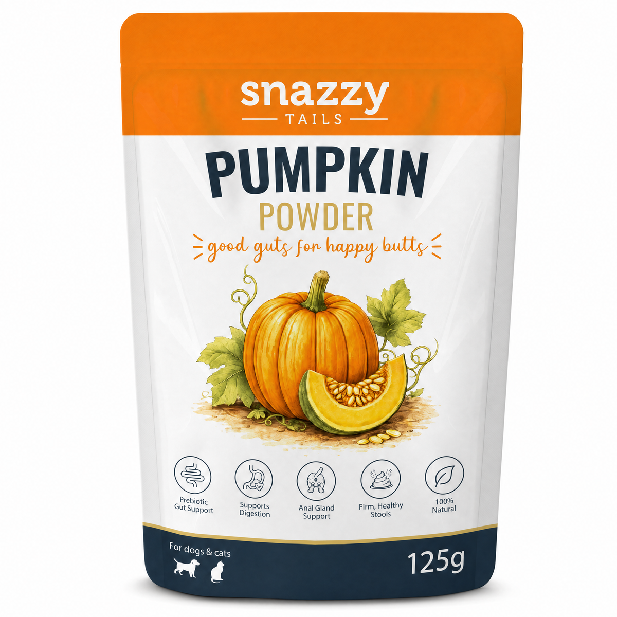 A 125g stand-up pouch of Snazzy Tails Pumpkin Powder dog and cat food, featuring an orange and white design with an illustration of a pumpkin and a slice of pumpkin on the front.