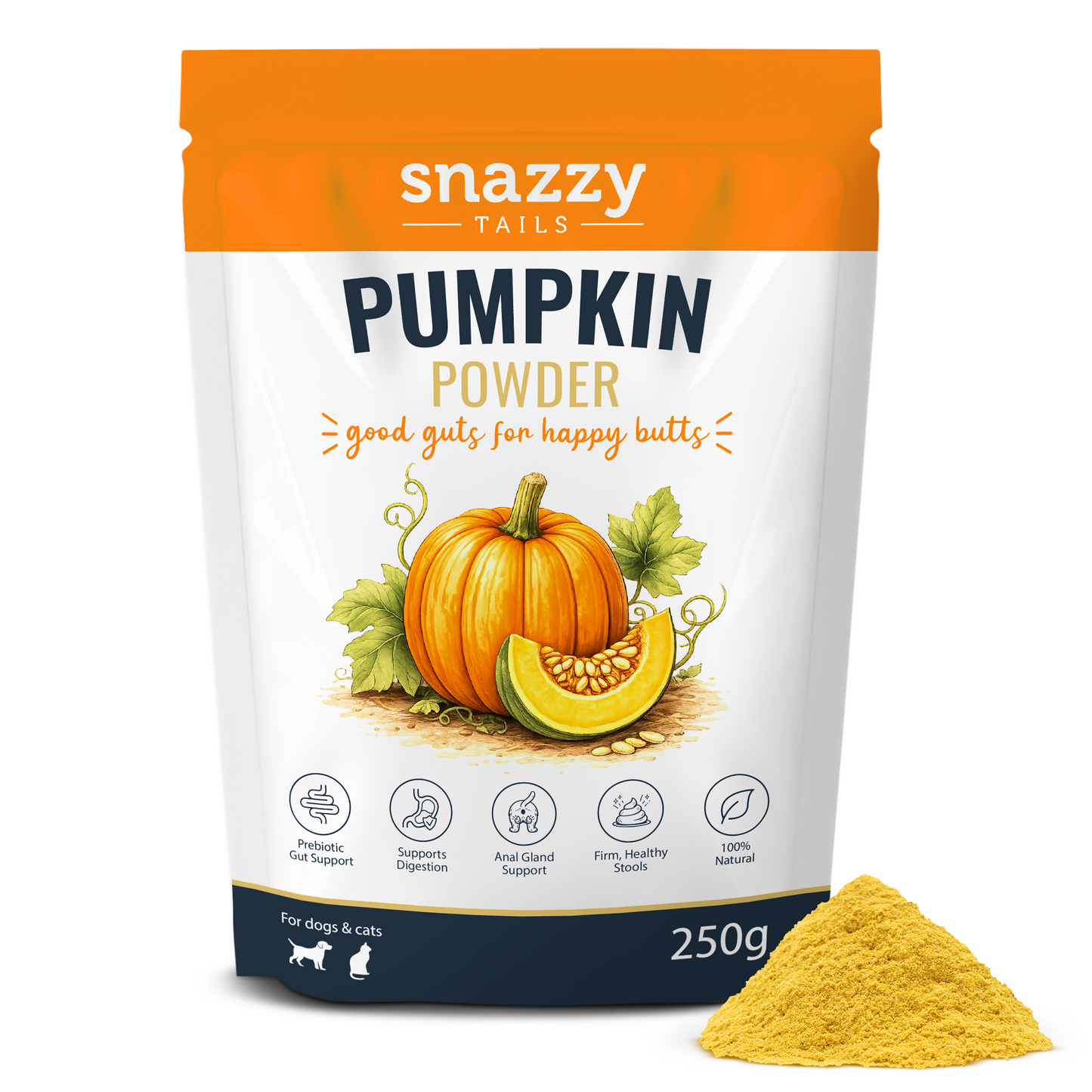 Snazzy Tails pumpkin powder package with pumpkin illustration on a white background