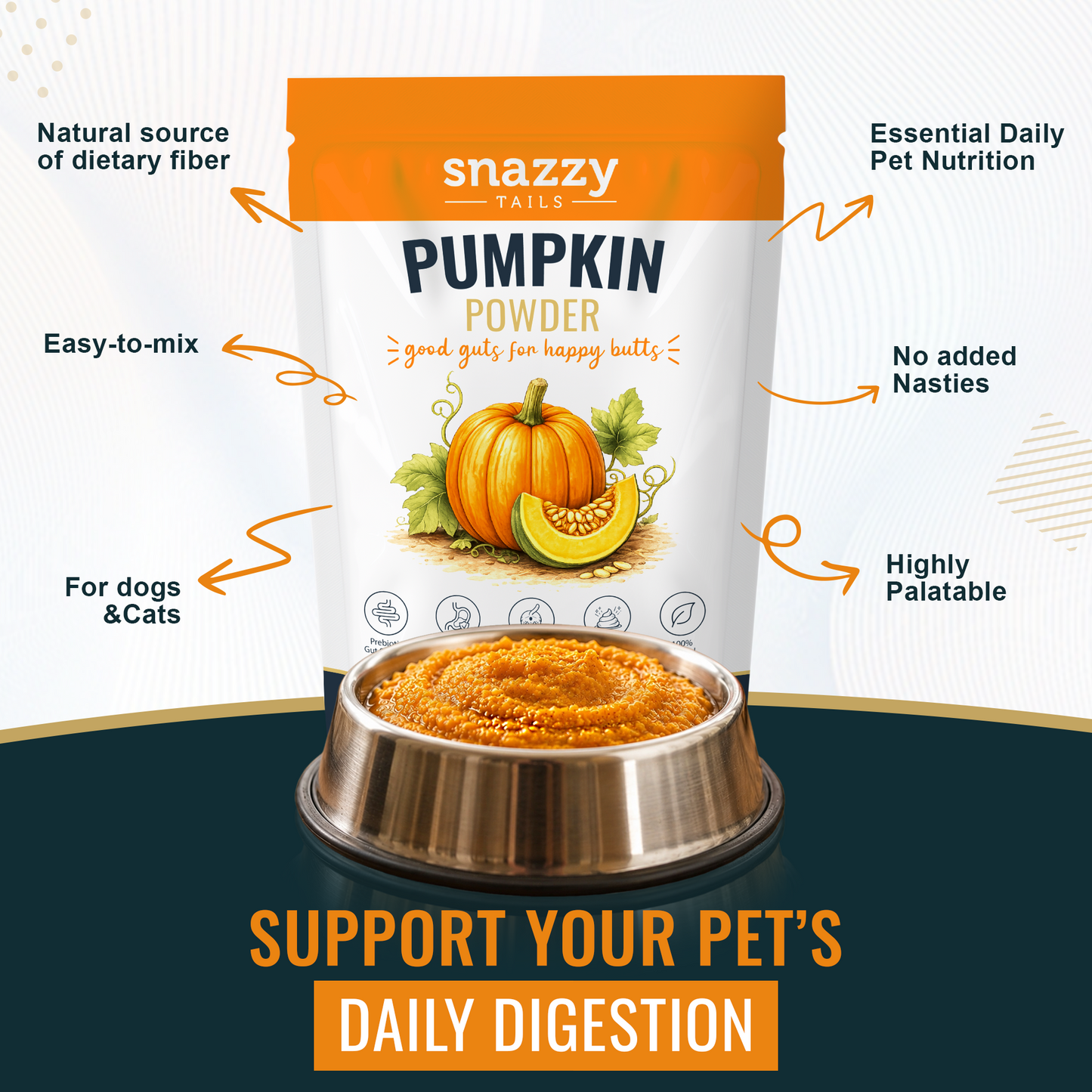 Sazzy Tails Pumpkin Powder packaging with a bowl of pumpkin powder on a blue background
