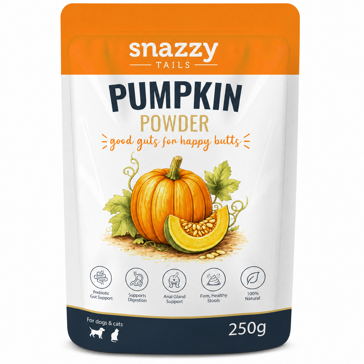 A 250g stand-up pouch of Snazzy Tails Pumpkin Powder for dogs and cats, featuring an orange and white design with an illustration of a pumpkin and autumn leaves.
