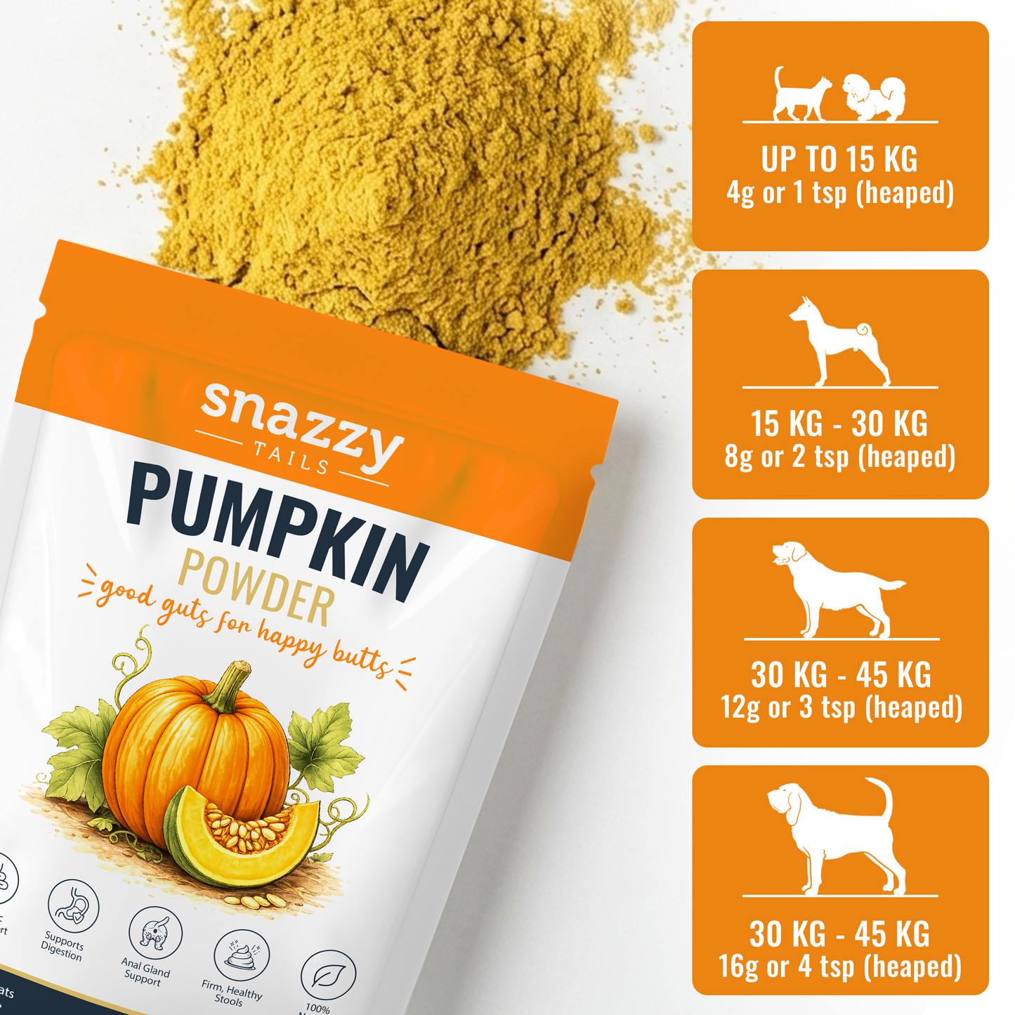 Snazzy Tails pumpkin powder packaging with usage instructions on a white background