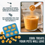 Instructions for making pumpkin powder pet treats with a measuring cup and ice cube tray.