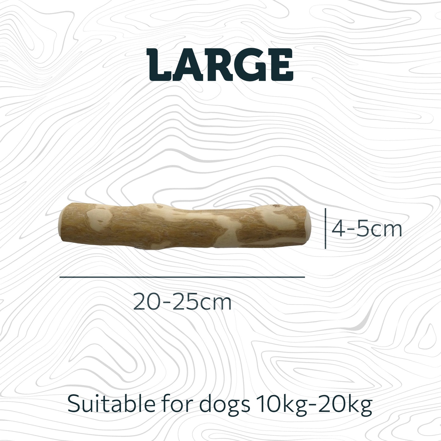 Wooden dog chew toy with dimensions and weight range information on a white background