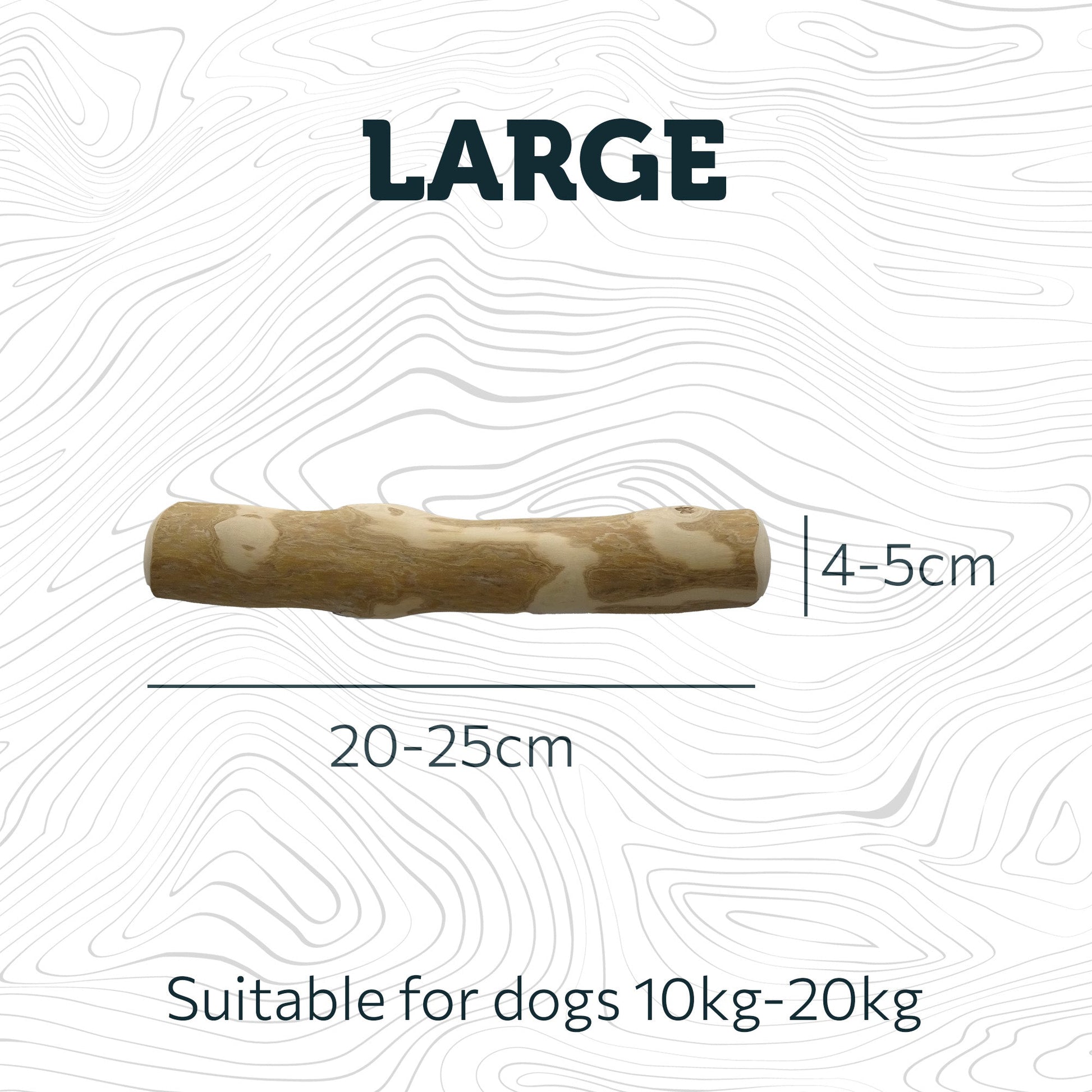 Wooden dog chew toy with dimensions and weight range information on a white background