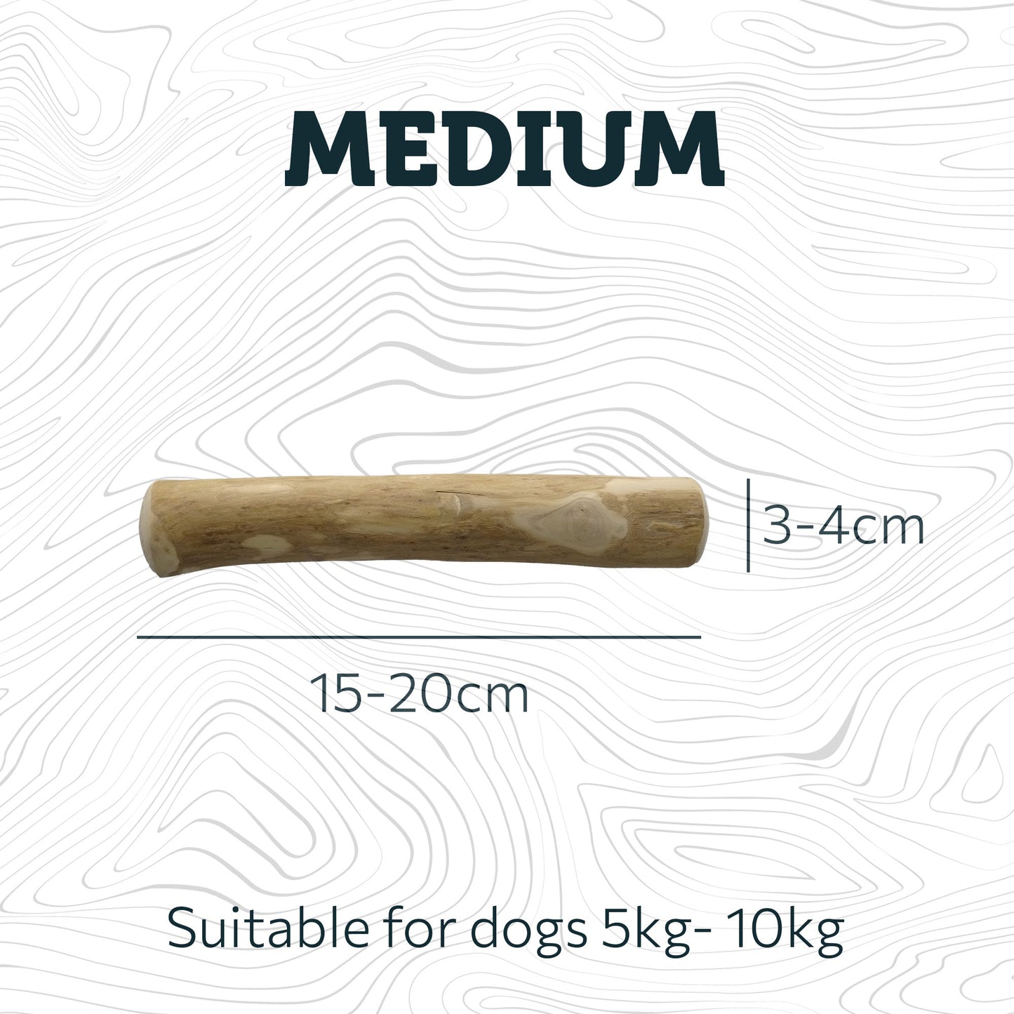 Wooden dog chew toy with dimensions and weight range information on a white background