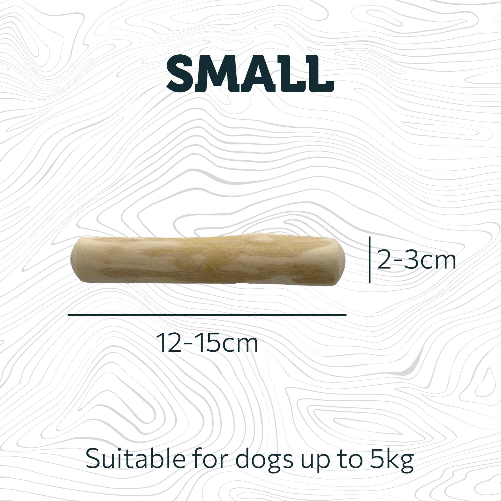 Measurement chart for a small wooden dog chew toy on a white background with text indicating size and suitability for dogs.