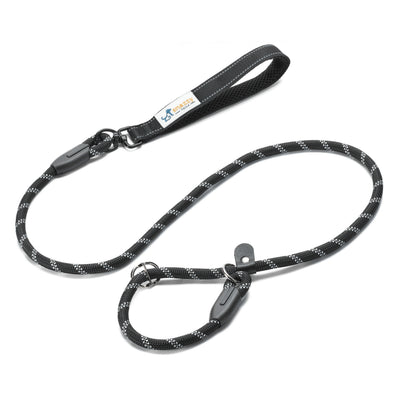 Black dog leash with reflective studs on a white background