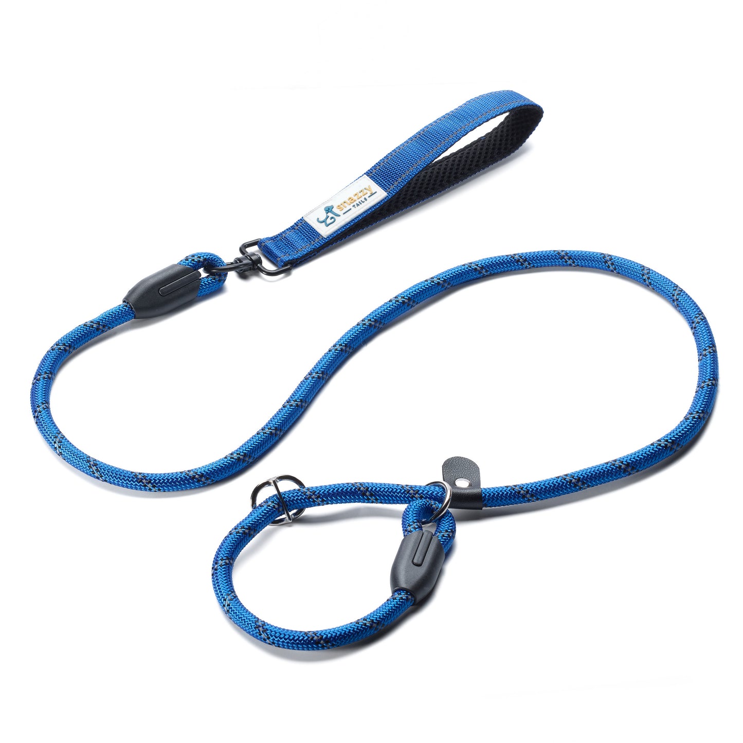 Blue dog leash with black accents on a white background