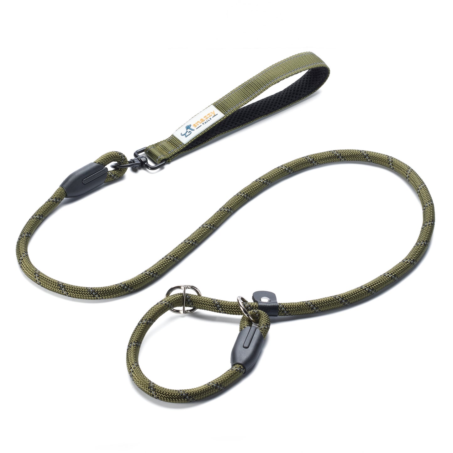 Green dog leash with metal clip on a white background