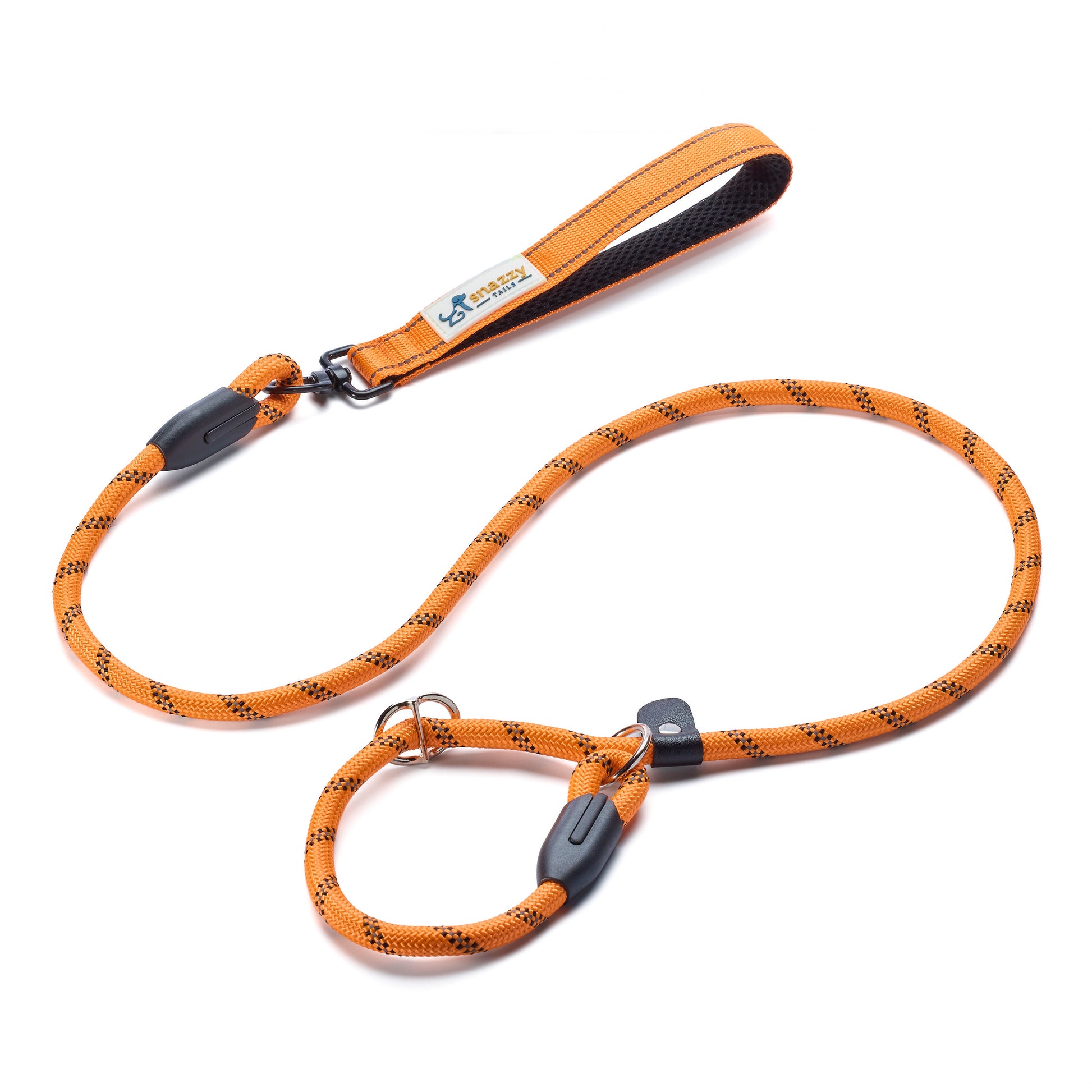 Orange dog leash with black patterns on a white background