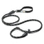 Black dog training lead with reflective stitching and swivel handle on a white background 