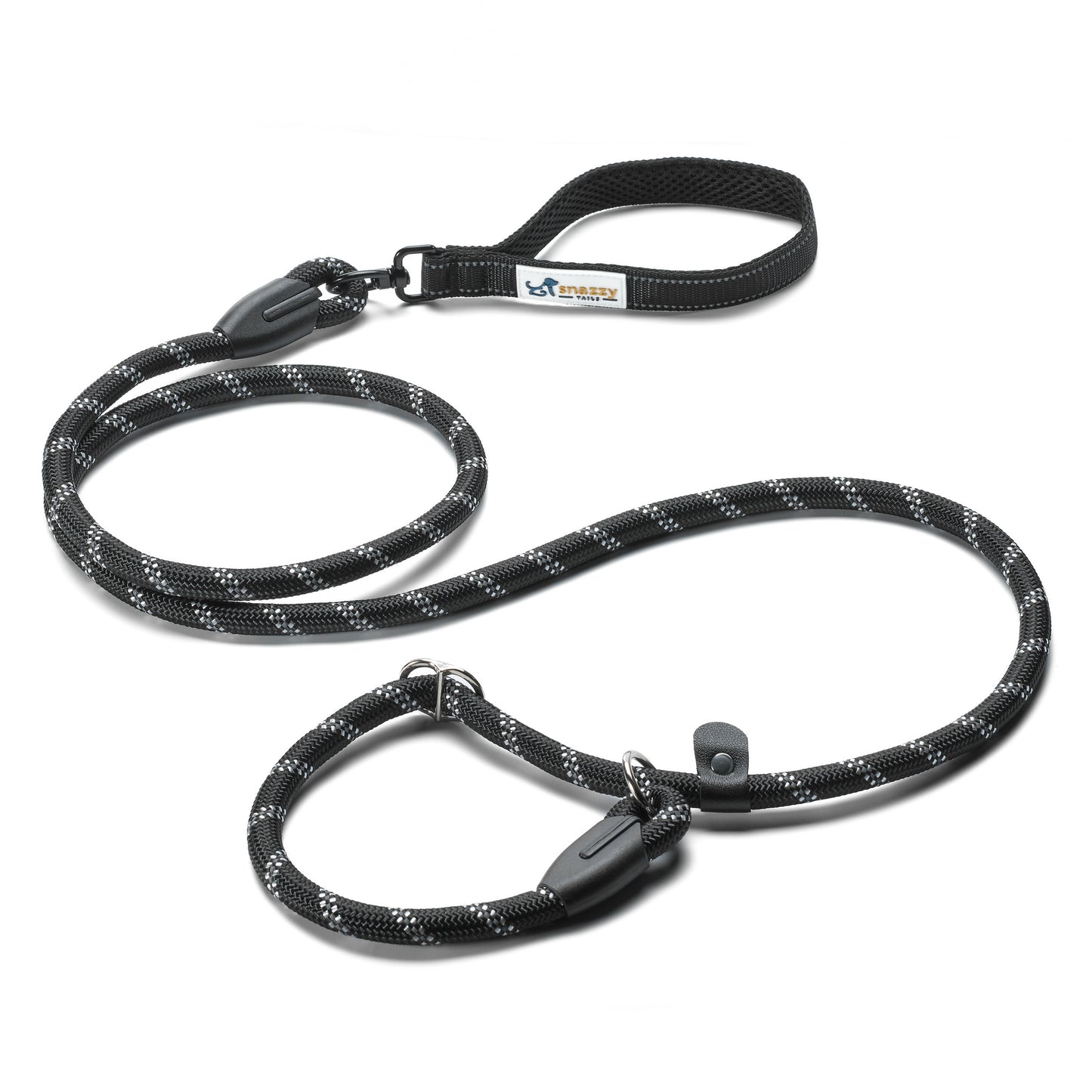 Black dog training lead with reflective stitching and swivel handle on a white background 