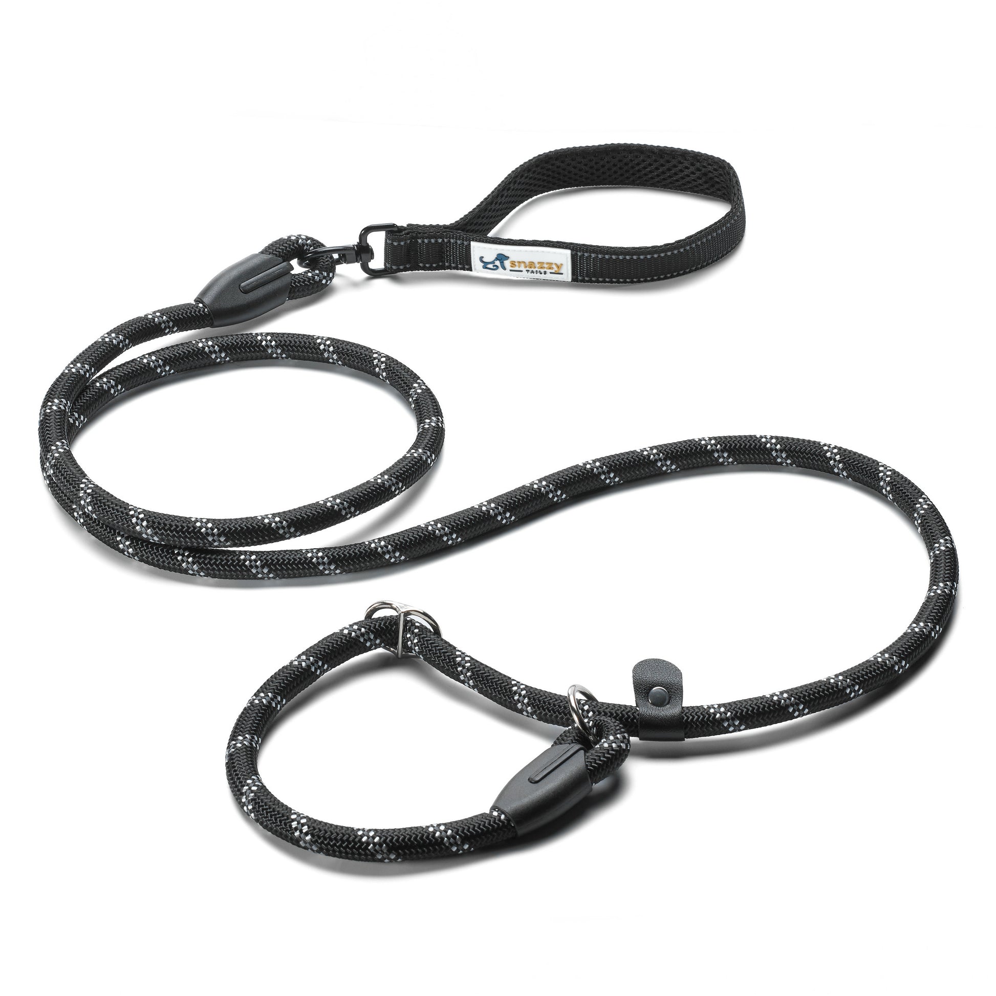 Black dog training lead with reflective stitching and swivel handle on a white background 