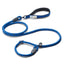 Blue dog leash with a handle and clip on a white background