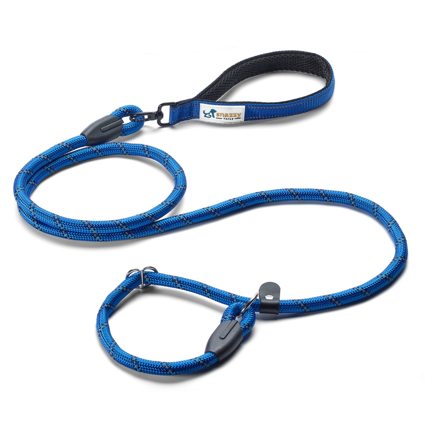 Blue dog leash with a handle and clip on a white background