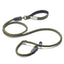 Green dog leash with black clips on a white background