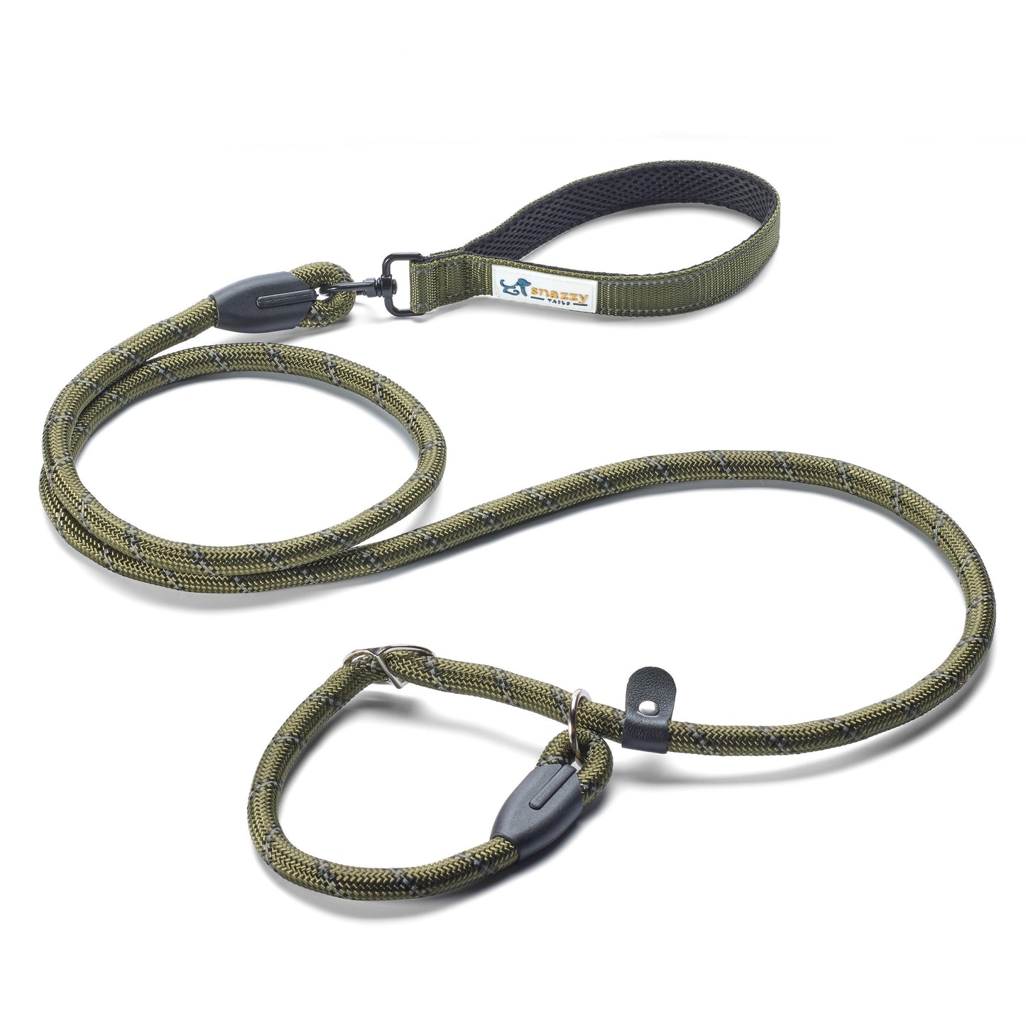 Green dog leash with black clips on a white background