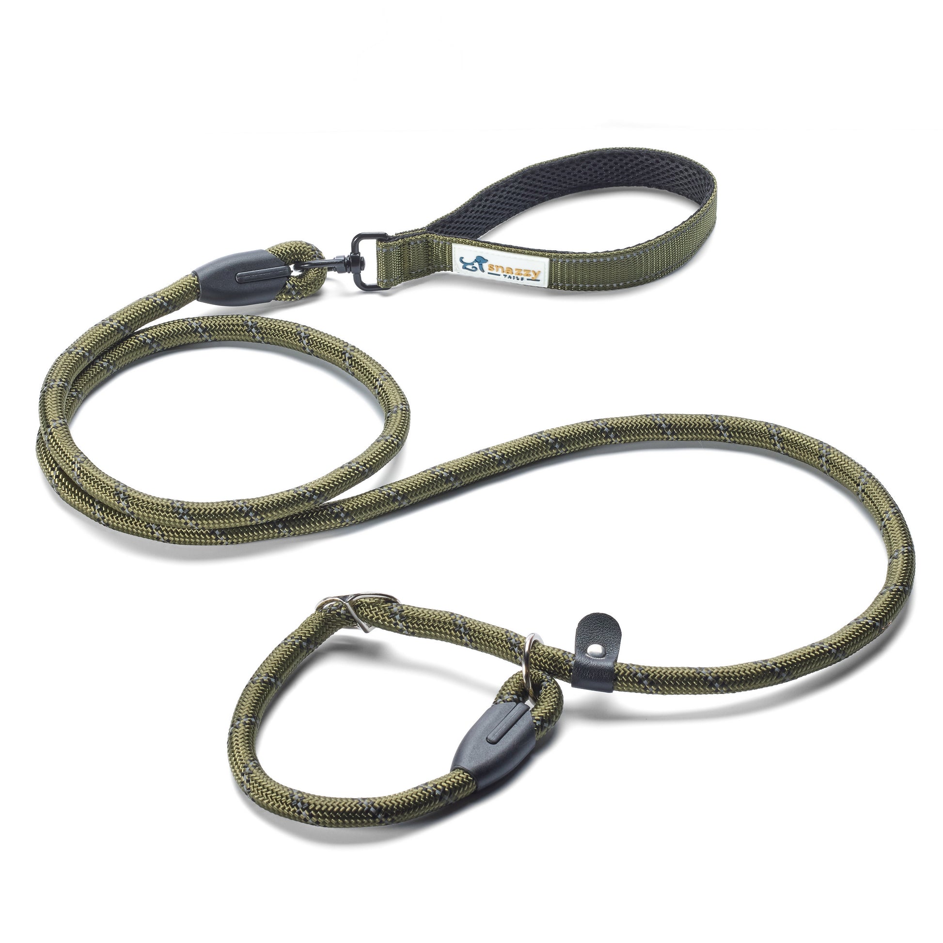 Green dog leash with black clips on a white background