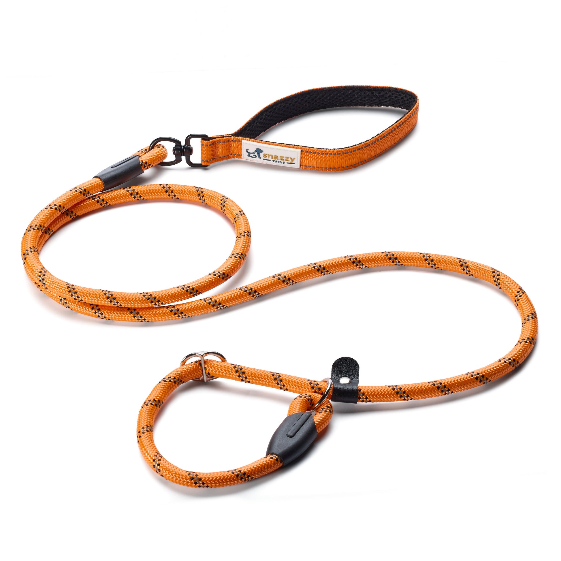 Orange dog leash with black pattern on a white background
