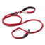 Red dog leash with black accents on a white background