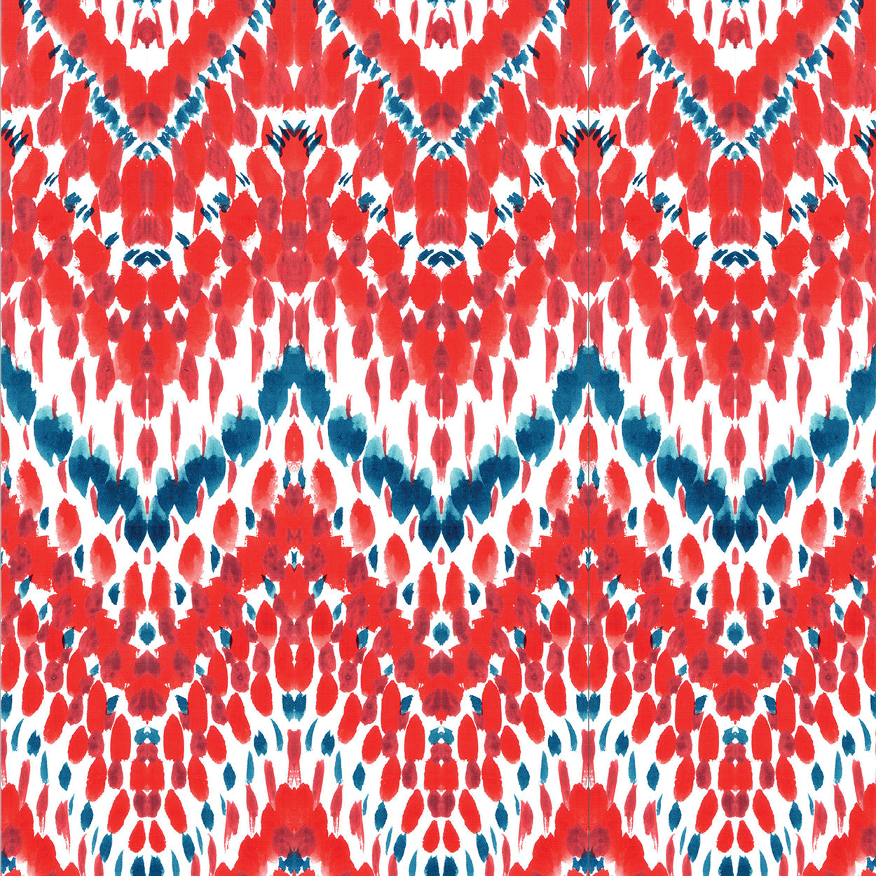 Patterned fabric with red and blue geometric design on a white background