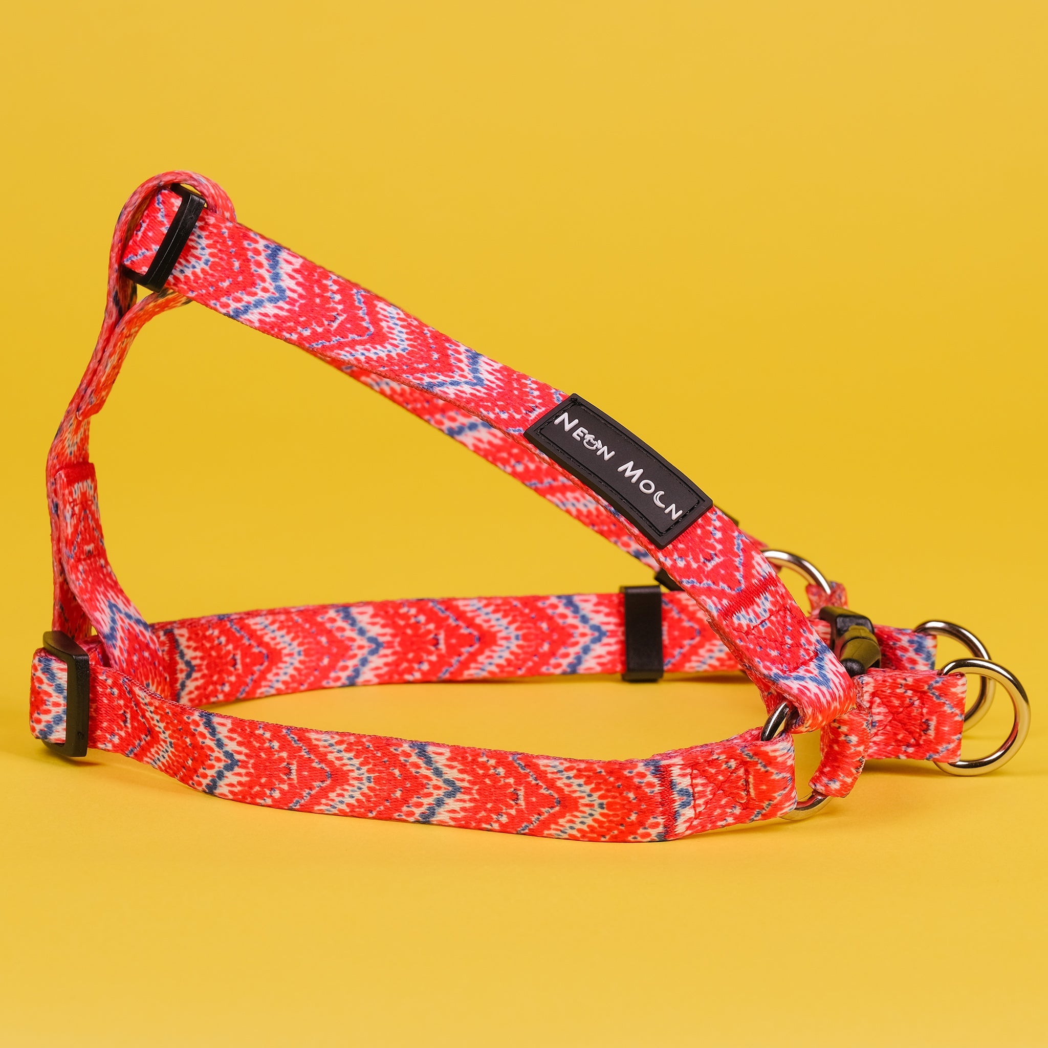 red and blue chevron step in dog harness